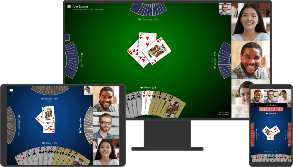 A graphic showing three devices of different sizes each displaying a game in Trickster Cards. This demonstrates how the Trickster Cards interface responsively adapts to work well across devices.