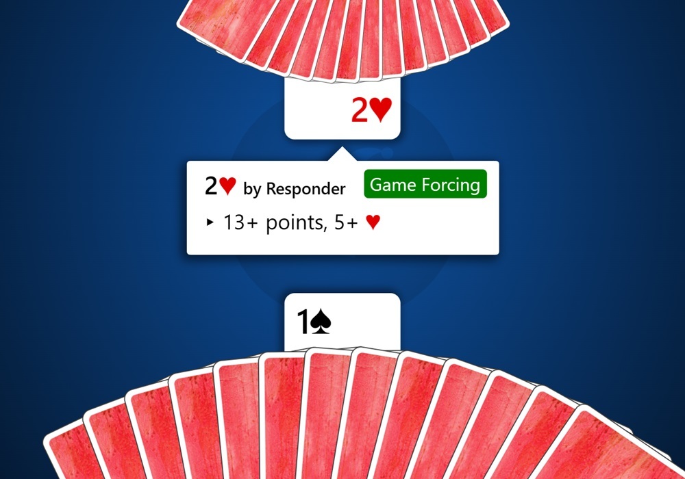 Screenshot of Trickster Bridge during bidding. Here, partner's bid has been clicked on to reveal an explanation of what the bid means. In this case, partner responded with a 2-level Hearts bid to South's opening bid of 1S. This is explained to be a game forcing bid in the 2/1 bidding system that indicates partner has 13+ points and 5+ Hearts.