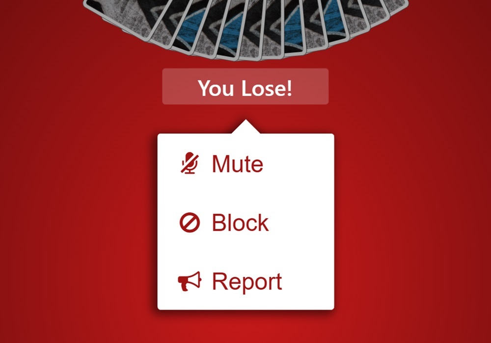 A zoomed-in screenshot of the options displayed after selecting another player during a game in Trickster Cards. Options offered include mute, block, and report.