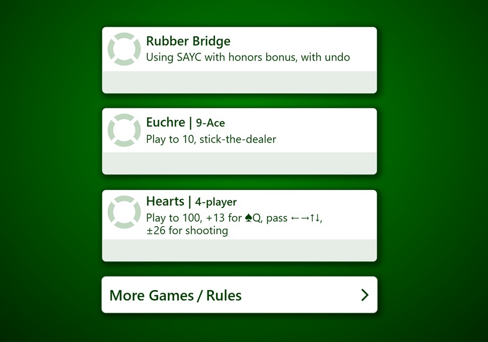 A zoomed-in screenshot of a variety of house rules supported by Trickster Cards. Listed is one option for Rubber Bridge, another for Euchre, and one more for Hearts.