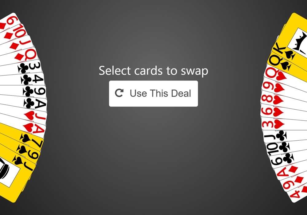 A zoomed-in screenshot of editing the deal in a practice game of Trickster Bridge. The player is being prompted to select cards to swap, then choose to 'Use This Deal' when done.