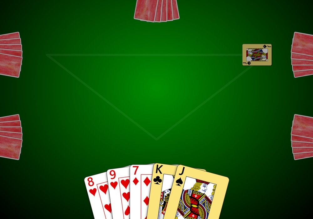 Screenshot of a 3v3 game of Euchre in Trickster Euchre. Face-up cards are shown for the local player and face-down cards are shown for the five other players around the table. A faded triangle on the table connects the local player to their two other parters.