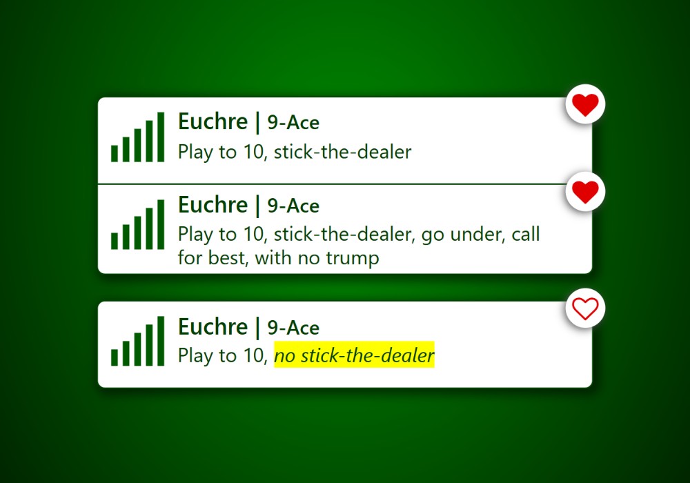 A zoomed-in screenshot of a list of popular Euchre rules in the 'Play' section of Trickster Cards. Here, two of the rules have been selected as favorites, keeping them at the top of the list. A third rule is not a favorite and highlights the differences between it and the favorite rules.