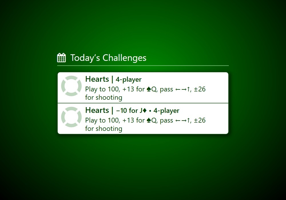 A zoomed-in screenshot of a list of daily Hearts challenges in Trickster Cards. Challenges for standard 4-player Hearts and for 4-player Hearts with the Jack of Diamonds worth -10 points are displayed.