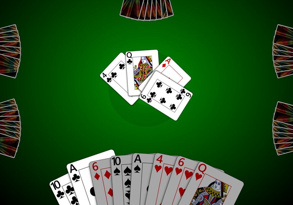 Screenshot of a 6-player game of Hearts in Trickster Cards. Four players have already played to the current trick and the player is being prompted to follow suit.