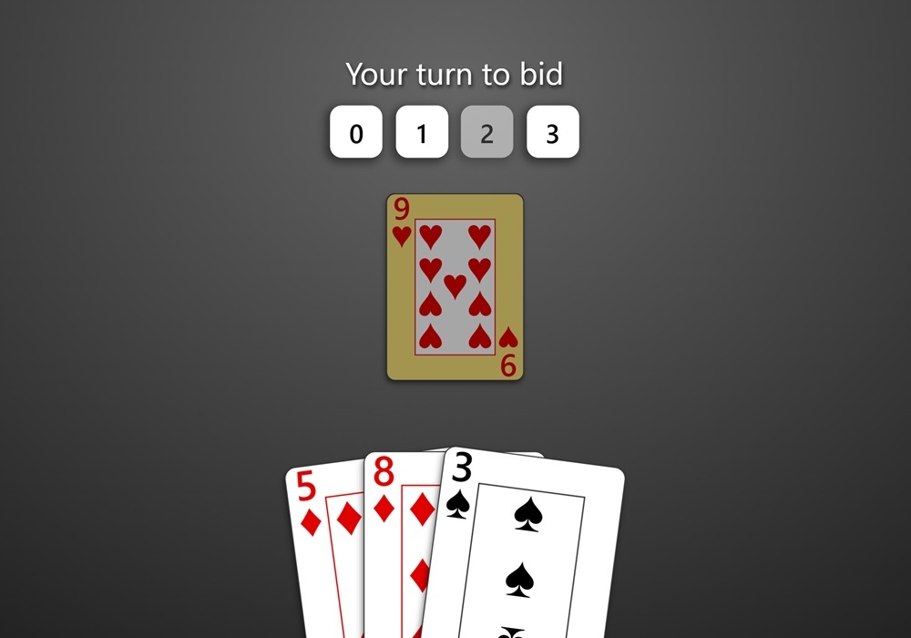 A zoomed-in screenshot of a game of Oh Hell with the 'hook' option enabled in Trickster Cards. The other players have bid a total of one between them. The player is holding three cards and is presented options to bid 0, 1, 2, or 3. The option to bid 2 is disabled because that would make the total bid match the number of tricks available.