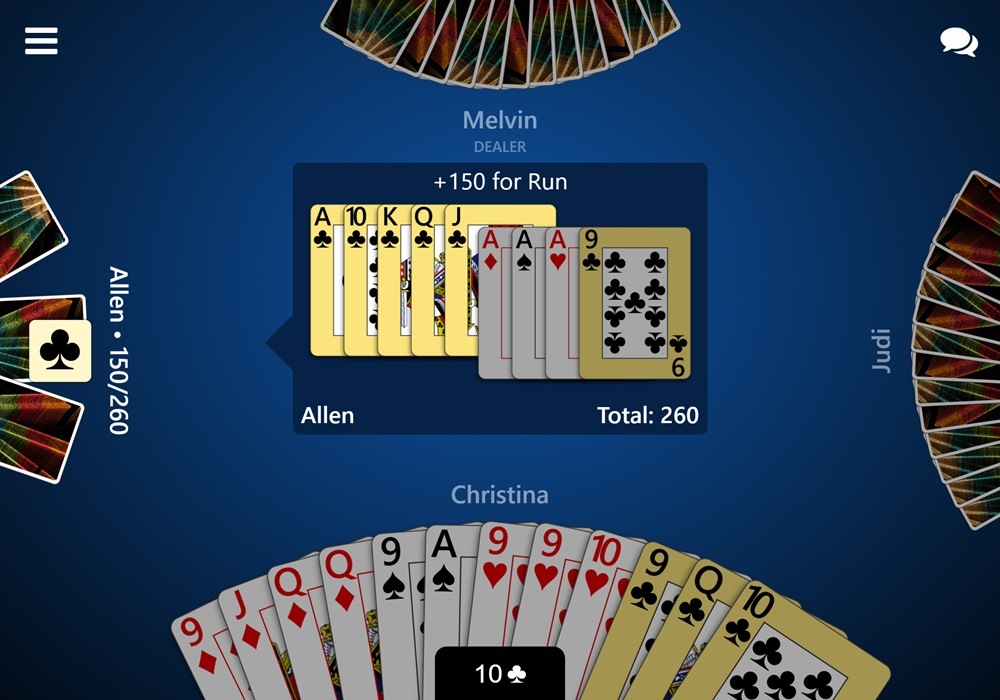 Screenshot of a game of single deck Pinochle in Trickster Cards. The player to the left is displaying their meld and is being awarded 150 points for a run in trump.