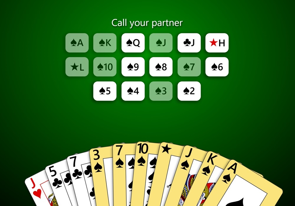 A zoomed-in screenshot of a 10-point game of 5-player call your partner Pitch in Trickster Cards. The local player has won the bid, chosen Spades as trump, and is being prompted to choose a Spade that's not in their hand to call who will be their partner.