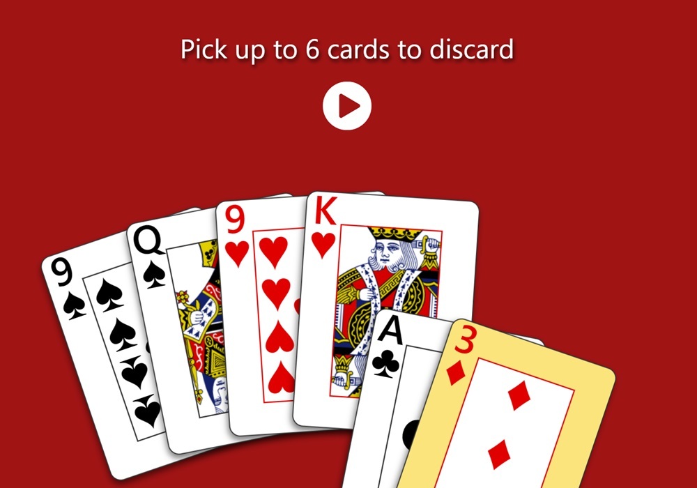 Screenshot of a game of Pitch with the 'Draw' option enabled in Trickster Cards. The player is being prompted to pick up to 6 cards to discard. They have selected four out of the six cards in their hand, keeping an Ace and a trump card.