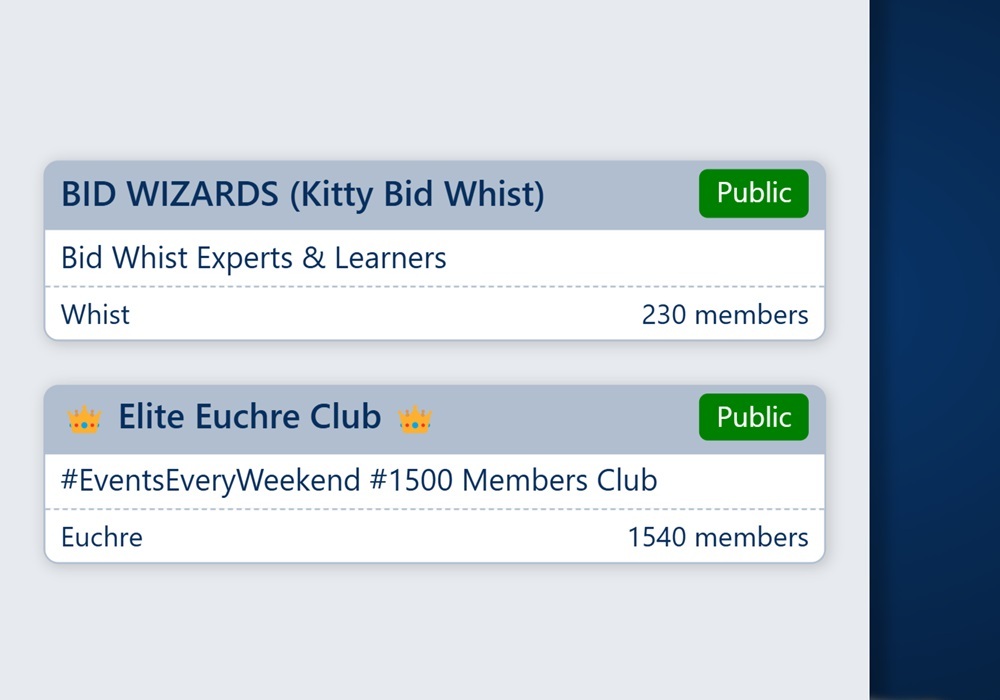 Screenshot of a couple of clubs listed in the public directory of Trickster Cards. Both a club that play Bid Whist and one that plays Euchre are displayed.