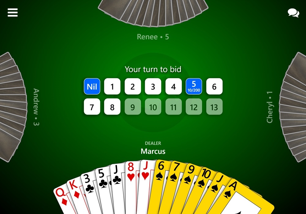 Screenshot of a game of Spades during bidding in Trickster Cards. All other players have bid except the local player. Bid options are displayed offering Nil and 1-8 (as their partner already bid 5). The 5 bid is marked as 10/200, aka 'wheels'.