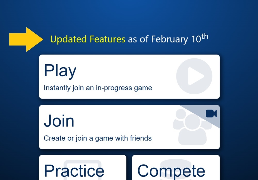 Screenshot of the mode selection page in Trickster Cards, with a notification at the top stating 'Updated Features as of February 10th'. An arrow has been added to the screenshot to draw attention to the Updated Features link.